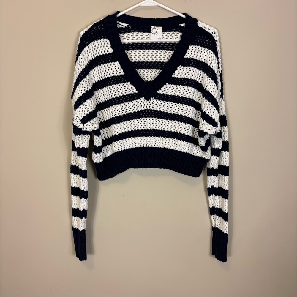 Aerie‎ Navy Blue and White Striped V-Neck Perforated Sweater Medium
